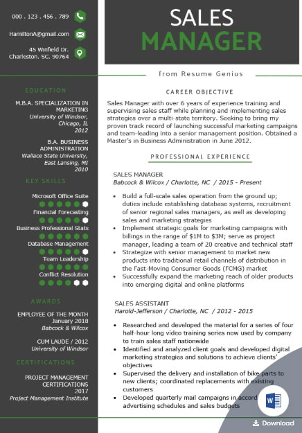 Sales Manager Resume Template from Resume Genius